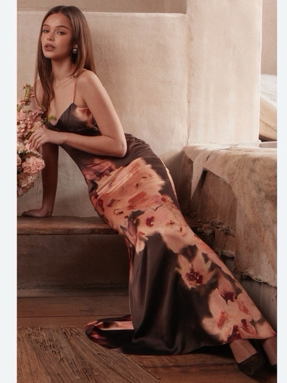 House of CB Mariamma Dark Brown Floral Printed Satin Maxi Dress - Picture 3 of 16